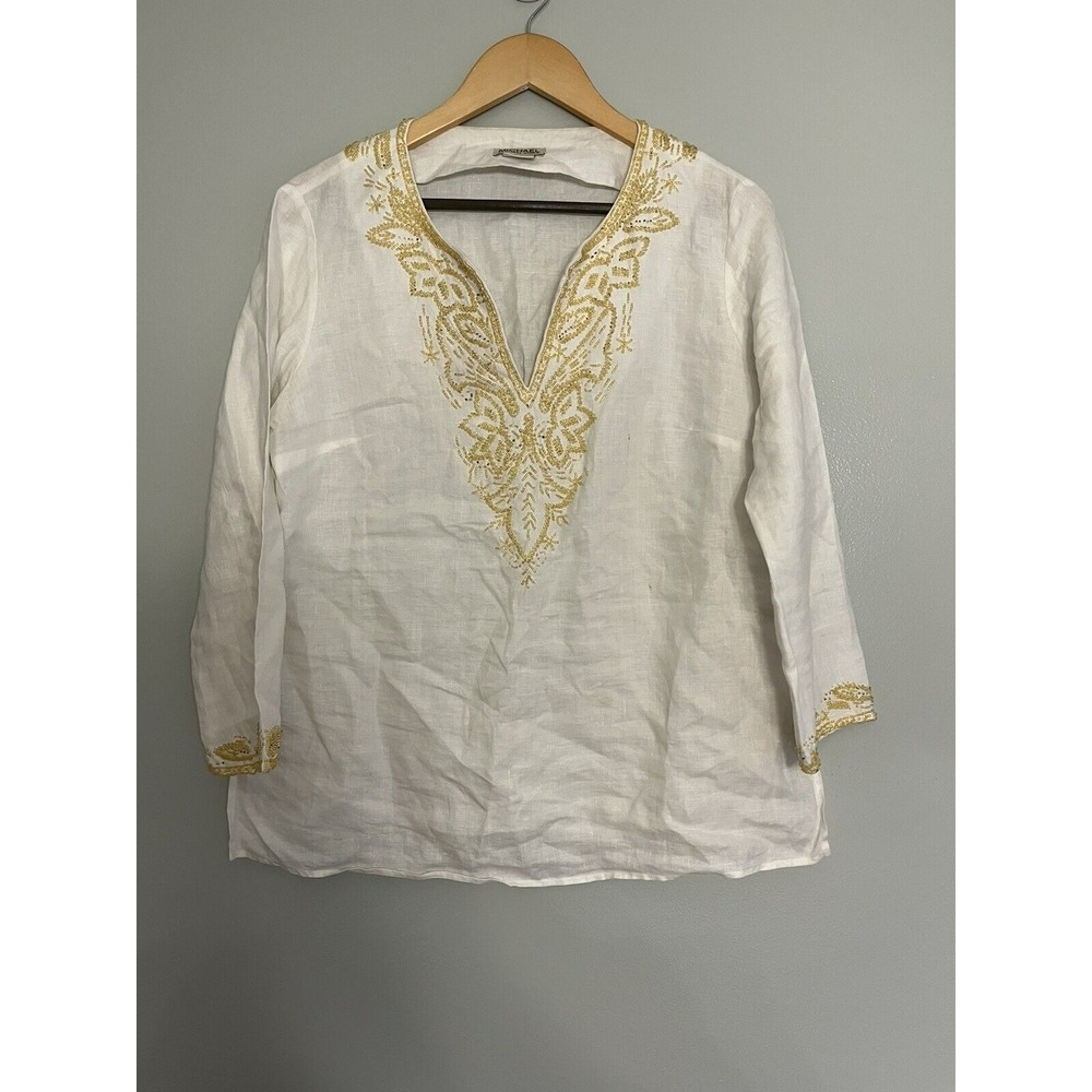 Michael Kors 100% Linen Top Tunic White Beaded Neckline Sleeves Women’s M - Picture 3 of 16